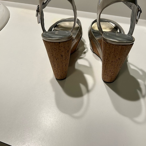 BCBG Generation Wedge Sandals. Silver leather with cork wedge. - Picture 3 of 4